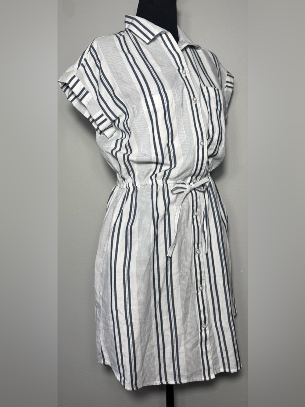Japna, Striped Shirt Dress Blue White 100% Cotton Drawstring Waist and Pockets M